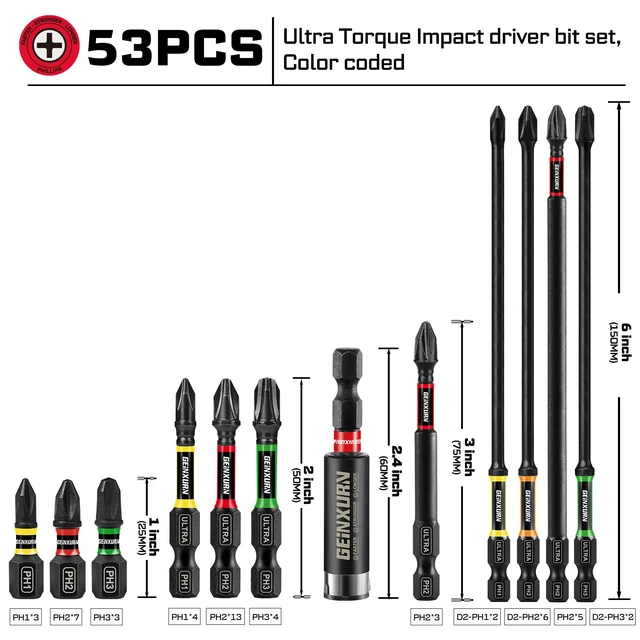Alt view image 2 of 7 - 52 Piece Impact #1#2#3 Phillips Screwdriver Bits Set, 1 2 3 6 (PH1/PH2/PH3) Magnetic S2 Steel Cross Driver Bits and Impact Bit Holder with Color Coded Base