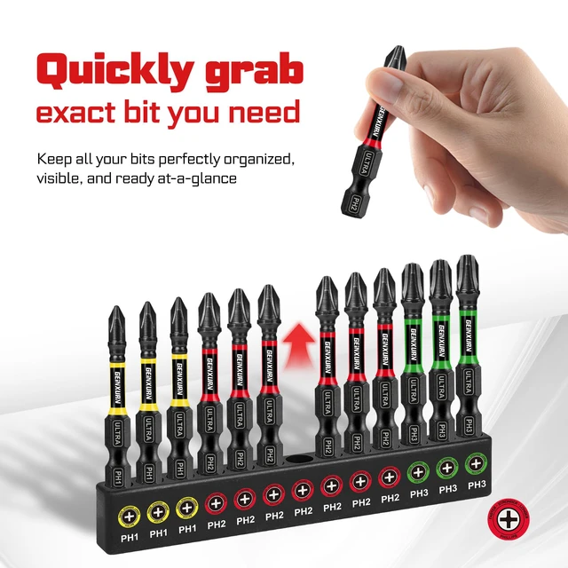 Alt view image 7 of 7 - 52 Piece Impact #1#2#3 Phillips Screwdriver Bits Set, 1 2 3 6 (PH1/PH2/PH3) Magnetic S2 Steel Cross Driver Bits and Impact Bit Holder with Color Coded Base