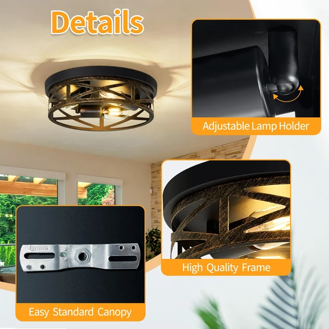 Alt view image 5 of 6 - 2 Pack Flush Mount Ceiling Light,3-Light Vintage Farmhouse Ceiling Light,Kitchen Lighting Fixtures,Light Fixtures Ceiling Mount for Hallway,Entryway,Bedroom,E26 Base