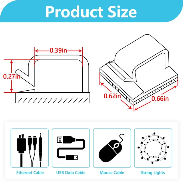 Alt view image 2 of 7 - 100PCS Cable Clips, Adhesive Wire Clips Cord Organizer, Large Strong for Christmas Lights, String Lights, Fairy Lights, Dash Cam, Wall, Desk, Outdoor Cable Staples Management Clips