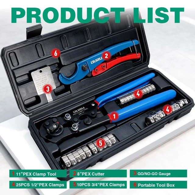 Alt view image 6 of 7 - PEX Crimping Tool Kit, Cinch & Remove, 3/8" to 1", Storage Box 2 IN 1 Ratchet Crimp Tool, Includes Stainless Steel Pex Clamps 1/2" 25PCS, 3/4" 10PCS, PEX Cutter, Plumbing Applications
