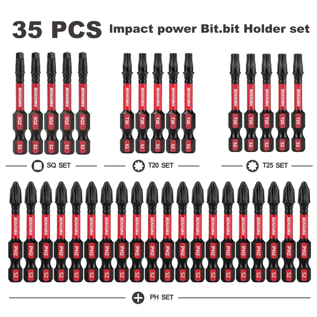 Alt view image 2 of 7 - Impact Tough Phillips Square Torx 2 in. Insert Driver Bits, 35Pack Bulk T20/T25/PH2/SQ2 Screwdriver Power Bits Set