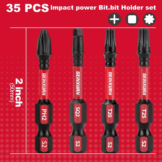 Alt view image 3 of 7 - Impact Tough Phillips Square Torx 2 in. Insert Driver Bits, 35Pack Bulk T20/T25/PH2/SQ2 Screwdriver Power Bits Set