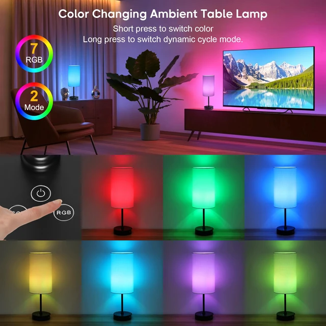 Alt view image 3 of 7 - 17Inch Table Lamp, 3 CCT 3000K/4500K/6500K & RGB Color Changing, Stepless Dimmable Bedside Lamp for Reading, Ambience Nightstand Light for Home Decor Party, White Shade
