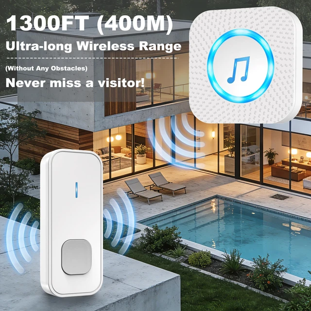 Alt view image 2 of 7 - Wireless Doorbell with 1 Button 1 Receiver,Door Bell,1300FT/400M Ultra-Long Range,55 Chimes 5 Volume,IP55 Waterproof,110 db Extra Loud with Flashing Light,For Home/Classroom/Office/Warehouse