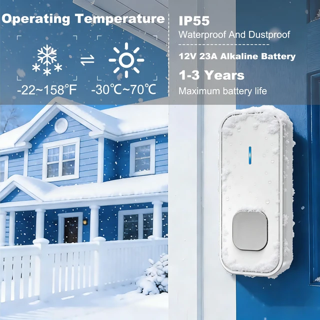 Alt view image 4 of 7 - Wireless Doorbell with 1 Button 1 Receiver,Door Bell,1300FT/400M Ultra-Long Range,55 Chimes 5 Volume,IP55 Waterproof,110 db Extra Loud with Flashing Light,For Home/Classroom/Office/Warehouse