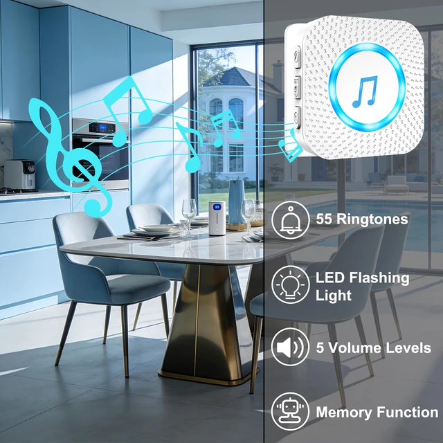 Alt view image 6 of 7 - Wireless Doorbell with 1 Button 1 Receiver,Door Bell,1300FT/400M Ultra-Long Range,55 Chimes 5 Volume,IP55 Waterproof,110 db Extra Loud with Flashing Light,For Home/Classroom/Office/Warehouse