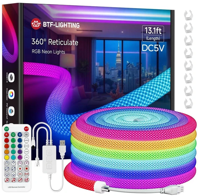 Main image of 13.1FT WS2812B IC RGB Addressable Neon Rope Strip Kit DC5V IP67 360 Degree Round Reticulate Pattern Chasing Color WS2811 Flexible Rope Light with Bluetooth controller(No Adapter)