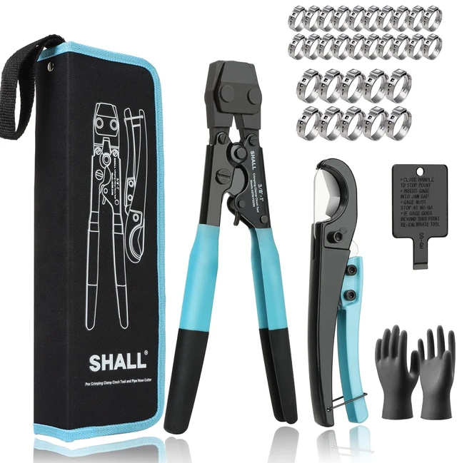 Main image of Pex Crimping Clamp Cinch Tool and Pipe Hose Cutter, Pipe Fitting Crimper Tool Kit Meets ASTM F2098 for 3/8" to 1" Stainless Steel Clamps Including 20pcs 1/2", 10pcs 3/4" Clamps With Storage Bag