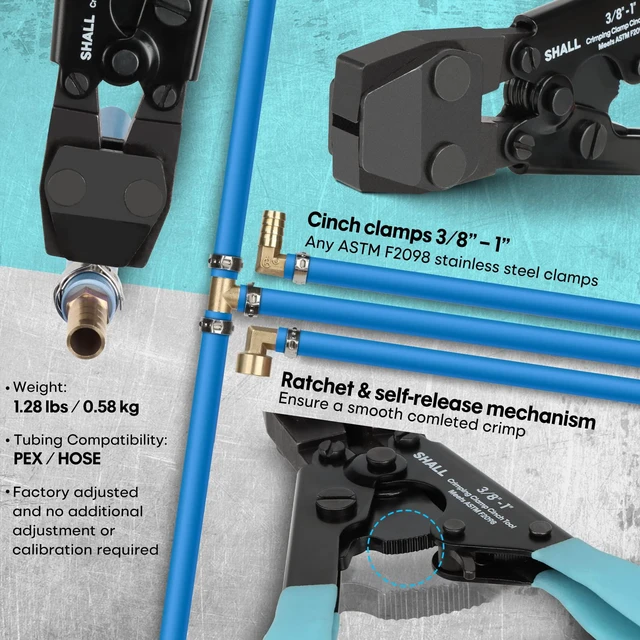 Alt view image 2 of 7 - Pex Crimping Clamp Cinch Tool and Pipe Hose Cutter, Pipe Fitting Crimper Tool Kit Meets ASTM F2098 for 3/8" to 1" Stainless Steel Clamps Including 20pcs 1/2", 10pcs 3/4" Clamps With Storage Bag