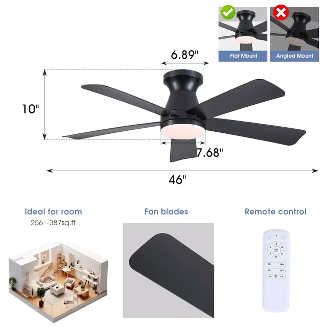 Alt view image 2 of 7 - 46"Modern Black Low Profile Flush Mount Ceiling Fans with Light and Remote Super Large Airflow with 6 Wind Speeds, Reversible, Dimmable 3CCT LED Light, Quiet 30W DC Motor,for Bedroom Kitchen