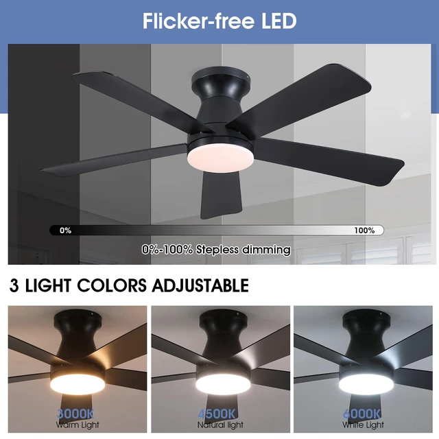 Alt view image 3 of 7 - 46"Modern Black Low Profile Flush Mount Ceiling Fans with Light and Remote Super Large Airflow with 6 Wind Speeds, Reversible, Dimmable 3CCT LED Light, Quiet 30W DC Motor,for Bedroom Kitchen
