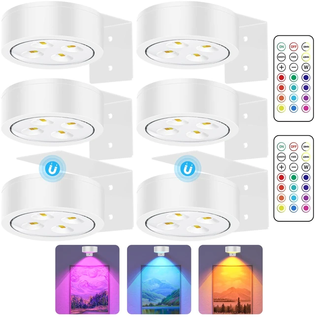 Main image of RGB Picture Light Battery Operated Painting Lights for Wall Wireless Magnetic Display Art Light with Remote Controls,Dimmable&Timer for Art Frame Artworking,6Pack White