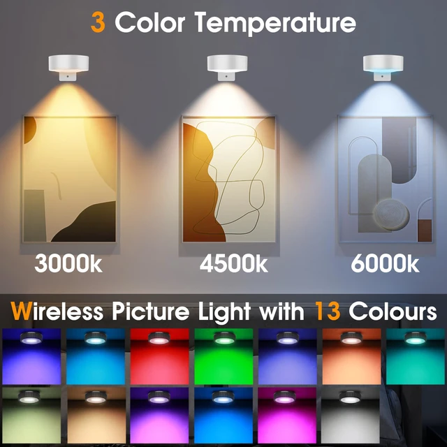 Alt view image 3 of 7 - RGB Picture Light Battery Operated Painting Lights for Wall Wireless Magnetic Display Art Light with Remote Controls,Dimmable&Timer for Art Frame Artworking,6Pack White