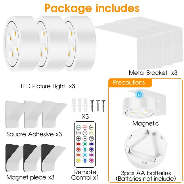 Alt view image 6 of 7 - RGB Picture Light Battery Operated Painting Lights for Wall Wireless Magnetic Display Art Light with Remote Controls,Dimmable&Timer for Art Frame Artworking,6Pack White