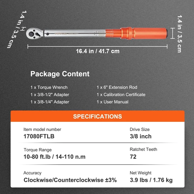 Alt view image 7 of 7 - Torque Wrench 3/8-inch Drive 10-80ft.lb/14-110n.m Click Torque Wrench Auto or Instruments Repairing, Chrome Vanadium Steel, Dual-Direction Adjustable, with Double Range Scales, Adapters, Orange