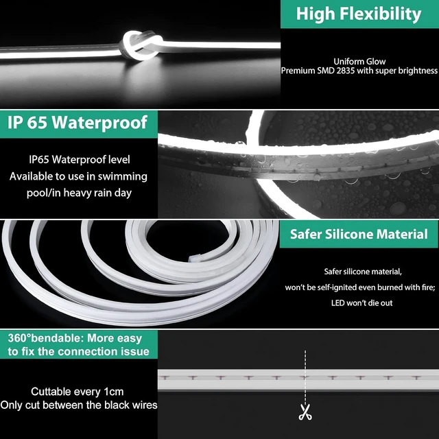 Alt view image 5 of 7 - LED Strip Lights, White Neon Rope, 0.39in/Cut DIY, 32.8ft, 2Pack Waterproof, Silicone Flexible, Connectable, 6000K for Bedroom, Cabinet, Commercial Decor, 12V, Not Included Power Adapter