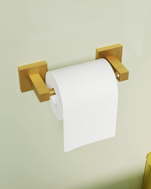 Alt view image 3 of 6 - Brushed Gold Toilet Paper Holder Wall Mount for Bathroom Dual-Post Pivoting Tissue Roll Holder with Square Base, Rustproof 304 Stainless Steel, Screw-in, for Hotel Apartments, Modern