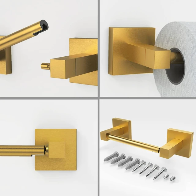 Alt view image 4 of 6 - Brushed Gold Toilet Paper Holder Wall Mount for Bathroom Dual-Post Pivoting Tissue Roll Holder with Square Base, Rustproof 304 Stainless Steel, Screw-in, for Hotel Apartments, Modern