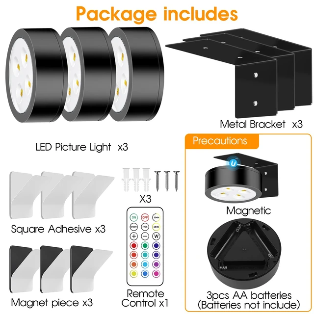 Alt view image 6 of 7 - RGB Picture Light Battery Operated Painting Lights for Wall Wireless Magnetic Display Art Light with Remote Controls,Dimmable&Timer for Art Frame Artworking,6Pack Black