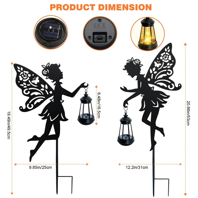 Alt view image 2 of 7 - Solar Fairy Garden Lights Outdoor, Hanging Lantern Fairy Stakes Waterproof Metal Silhouette With LED Warm Glow, Yard Decor for Patio Lawn Pathway, Garden Gifts for Women Mom(2 Pack)