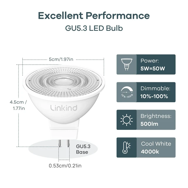 Alt view image 2 of 7 - 6 Pack Dimmable MR16 LED Bulbs, 5W=50W 500lm 4000K Cool White GU5.3 Bi-Pin Base MR16 Bulbs 12V Low Voltage 40° Beam Angle for Spotlights, Recessed, Tracking, Landscape Lighting
