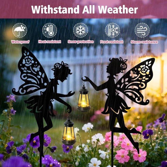 Alt view image 3 of 7 - Solar Fairy Garden Lights Outdoor, Hanging Lantern Fairy Stakes Waterproof Metal Silhouette With LED Warm Glow, Yard Decor for Patio Lawn Pathway, Garden Gifts for Women Mom(2 Pack)