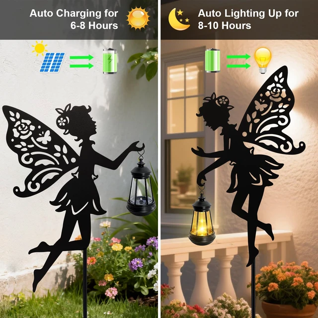 Alt view image 4 of 7 - Solar Fairy Garden Lights Outdoor, Hanging Lantern Fairy Stakes Waterproof Metal Silhouette With LED Warm Glow, Yard Decor for Patio Lawn Pathway, Garden Gifts for Women Mom(2 Pack)