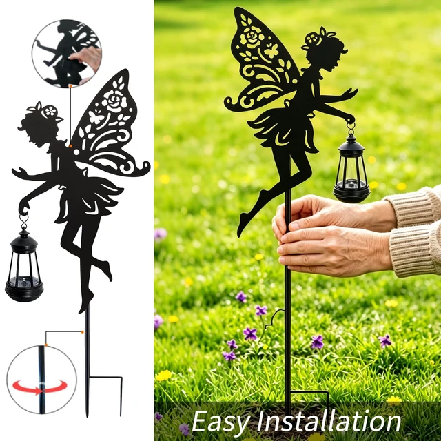 Alt view image 7 of 7 - Solar Fairy Garden Lights Outdoor, Hanging Lantern Fairy Stakes Waterproof Metal Silhouette With LED Warm Glow, Yard Decor for Patio Lawn Pathway, Garden Gifts for Women Mom(2 Pack)