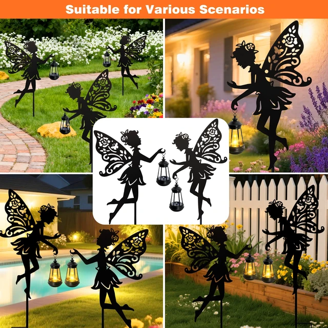 Alt view image 5 of 7 - Solar Fairy Garden Lights Outdoor, Hanging Lantern Fairy Stakes Waterproof Metal Silhouette With LED Warm Glow, Yard Decor for Patio Lawn Pathway, Garden Gifts for Women Mom(2 Pack)