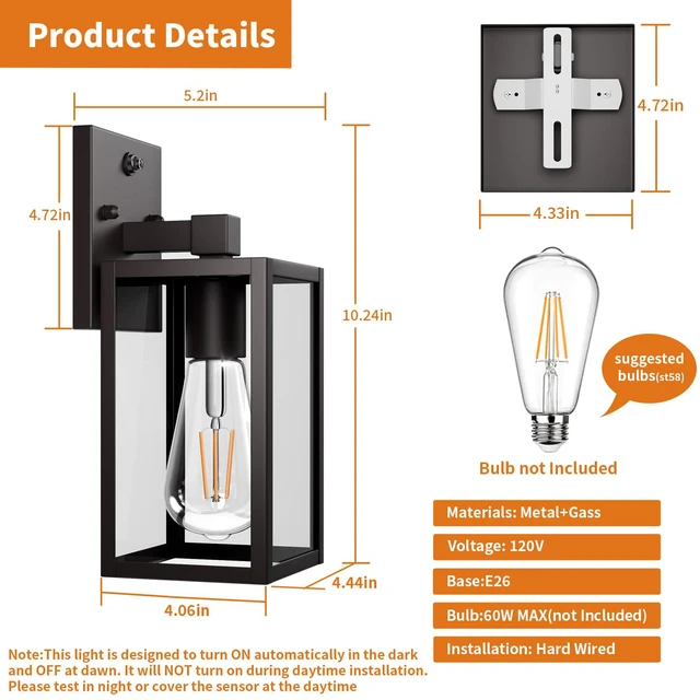 Alt view image 6 of 7 - 2 Pack Dusk to Dawn Exterior Lighting Fixtures Wall Mount, Sensor Outside Front Porch Lights for House, Outdoor Lantern Lamp, Waterproof Wall Sconce Lights, Black Coach Light for Garage Entryway