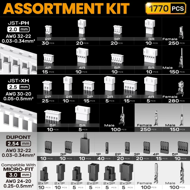 Alt view image 4 of 7 - Connector Crimping Tool Kit, 38 Types JST-PH 2.0mm, XH 2.5mm, Dupont 2.54mm & Micro-Fit 3.0mm Connectors Set, 32-20 AWG Ratcheting Crimper, for 3D Printer, PC, Arduino & DIY Electronics