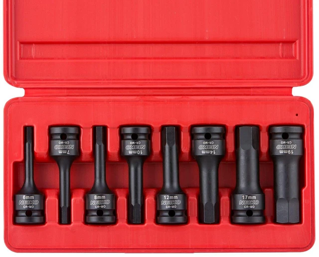 Main image of 01136B 1/2-Inch Drive Allen Hex Impact Socket Set, Metric, 6 mm - 19 mm, Cr-Mo, 8-Piece