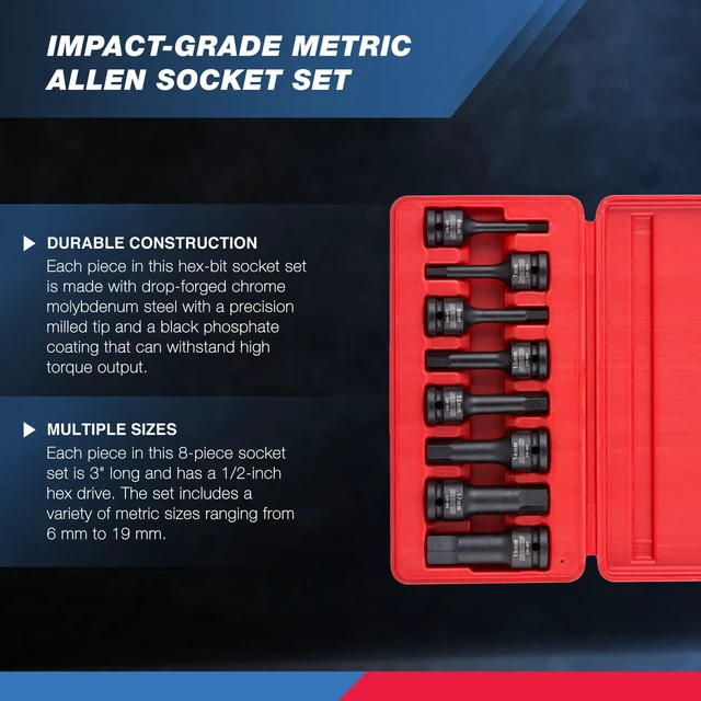 Alt view image 2 of 6 - 01136B 1/2-Inch Drive Allen Hex Impact Socket Set, Metric, 6 mm - 19 mm, Cr-Mo, 8-Piece