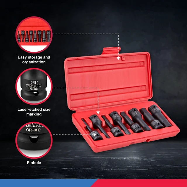 Alt view image 4 of 6 - 01136B 1/2-Inch Drive Allen Hex Impact Socket Set, Metric, 6 mm - 19 mm, Cr-Mo, 8-Piece