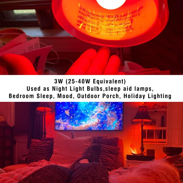 Alt view image 5 of 7 - Red Light Bulbs for Sleep, 100% Blue Light Blocking,A15 3W Red Night Light Red LED Bulbs 25w-40w Equivalent, E26 Base for Bedroom Sleep,Baby Nursery,Porch,Holiday Christmas Lighting,Non-Dimmable,4Pack