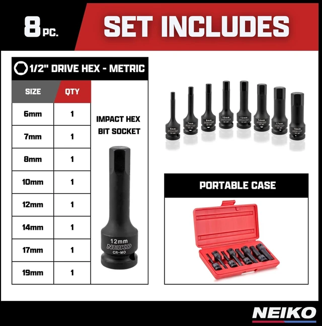 Alt view image 6 of 6 - 01136B 1/2-Inch Drive Allen Hex Impact Socket Set, Metric, 6 mm - 19 mm, Cr-Mo, 8-Piece