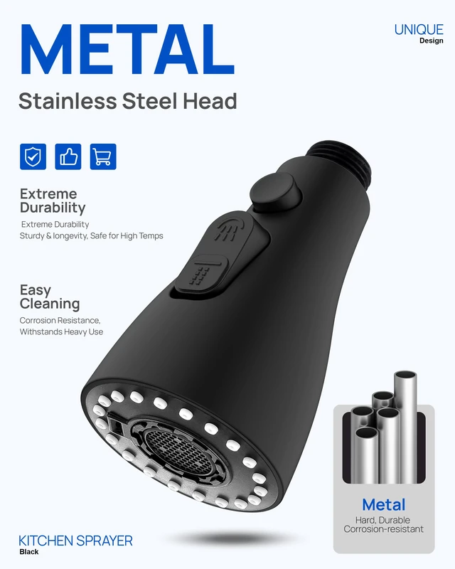 Alt view image 2 of 7 - Metal Kitchen Faucet Head Replacement with 15 Adapters, Matte Black 3-Mode Kitchen Sink Sprayer Replacement Nozzle, Durable Pull Down Head for Kitchen Sink (Stream/Spray/Blade),Stainless Steel