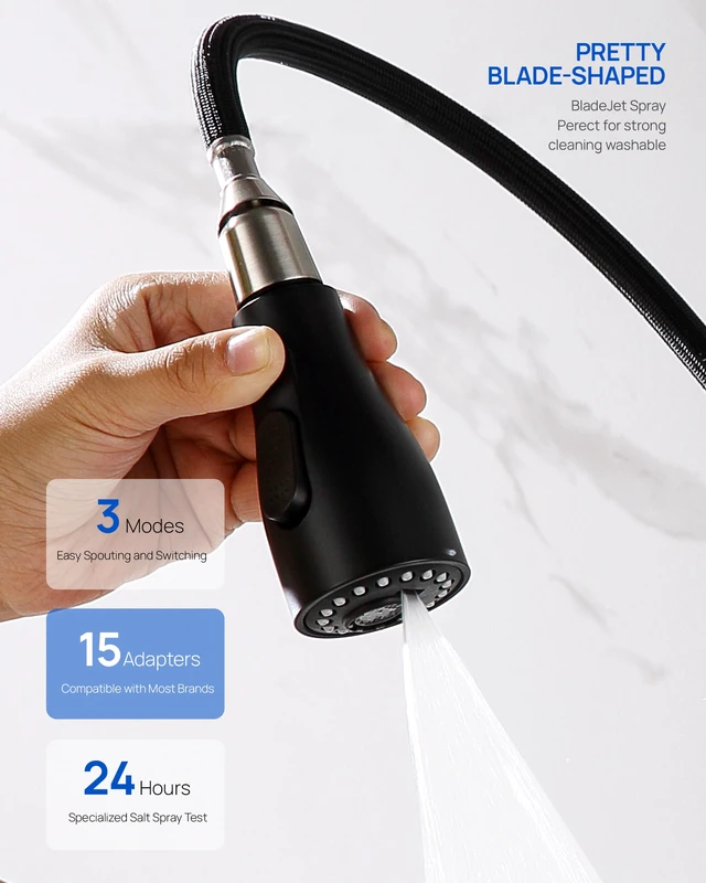 Alt view image 4 of 7 - Metal Kitchen Faucet Head Replacement with 15 Adapters, Matte Black 3-Mode Kitchen Sink Sprayer Replacement Nozzle, Durable Pull Down Head for Kitchen Sink (Stream/Spray/Blade),Stainless Steel