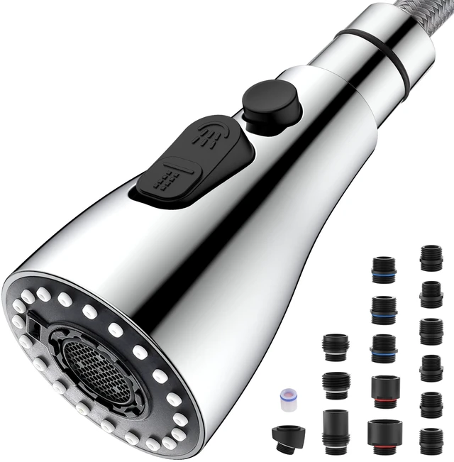 Main image of Metal Kitchen Faucet Head Replacement 3-Mode with 15 Adapters, Chrome High-Pressure Sink Sprayer Replacement Nozzle, Durable Pull Down Spray Head for Kitchen Sink, Stainless Steel