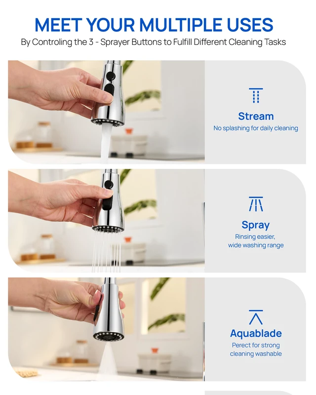 Alt view image 2 of 7 - Metal Kitchen Faucet Head Replacement 3-Mode with 15 Adapters, Chrome High-Pressure Sink Sprayer Replacement Nozzle, Durable Pull Down Spray Head for Kitchen Sink, Stainless Steel