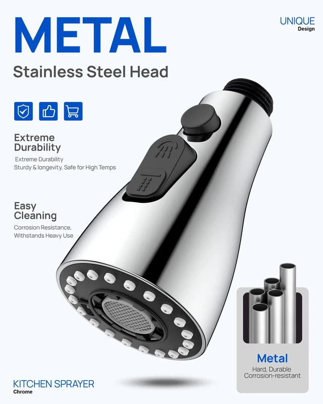 Alt view image 3 of 7 - Metal Kitchen Faucet Head Replacement 3-Mode with 15 Adapters, Chrome High-Pressure Sink Sprayer Replacement Nozzle, Durable Pull Down Spray Head for Kitchen Sink, Stainless Steel