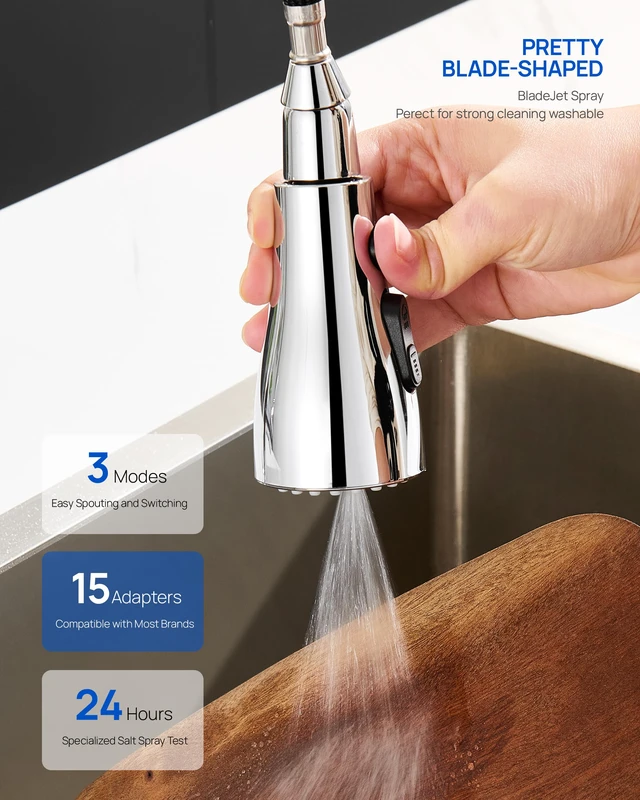 Alt view image 4 of 7 - Metal Kitchen Faucet Head Replacement 3-Mode with 15 Adapters, Chrome High-Pressure Sink Sprayer Replacement Nozzle, Durable Pull Down Spray Head for Kitchen Sink, Stainless Steel