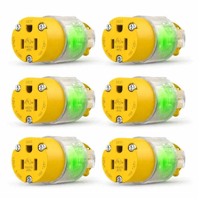 Main image of 6 Packs Lighted Extension Cord Ends Replacement Female Plug 3 Prong 15A 125V NEMA 5-15R, Electrical Replacement Plug,Female Extension Cord Ends, 15 Amp Electric Plugs, UL Listed,Yellow