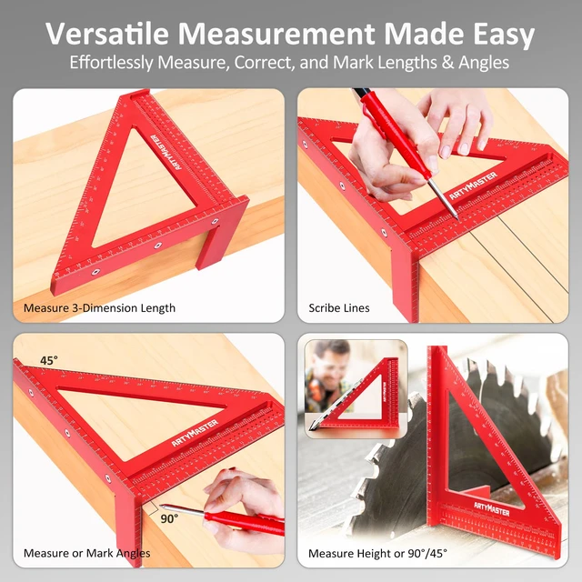Alt view image 3 of 7 - 200mm 3D Multi-Angle Measuring Square Ruler, WT103D High Precision Hole Scribing Woodworking Tools, 0-90° Aluminum Alloy Carpenter Square Wood Working Tools, Carpenter Pencils 6 Refills