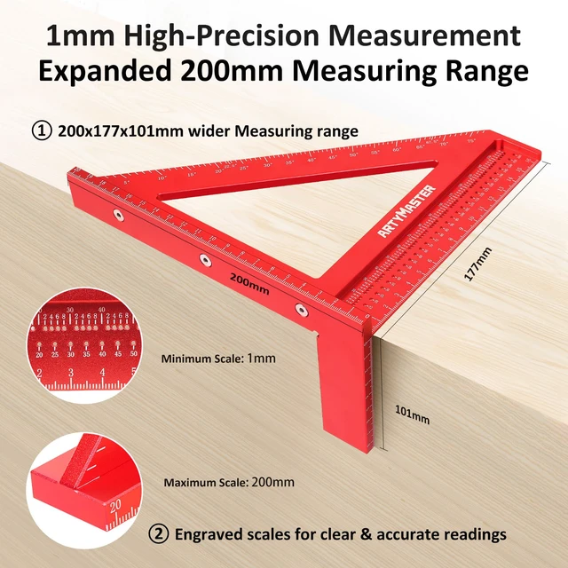 Alt view image 4 of 7 - 200mm 3D Multi-Angle Measuring Square Ruler, WT103D High Precision Hole Scribing Woodworking Tools, 0-90° Aluminum Alloy Carpenter Square Wood Working Tools, Carpenter Pencils 6 Refills