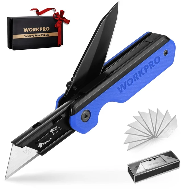 Main image of 2-in-1 Folding Knife/Utility Knife, Wood Handle, Blue G10 Handle Quick-Change Box Cutter, Liner Lock, Belt Clip, 10 SK5 Blades, Carton Cutting, Camping, Hiking, Outdoor, DIY Projects