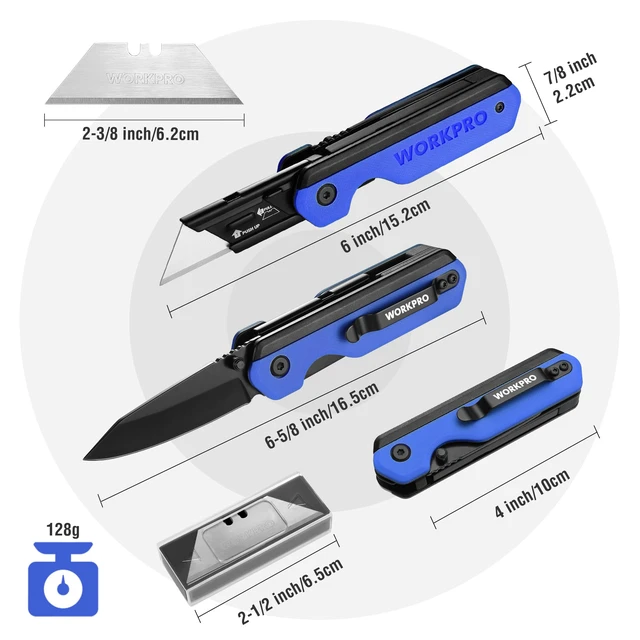 Alt view image 2 of 7 - 2-in-1 Folding Knife/Utility Knife, Wood Handle, Blue G10 Handle Quick-Change Box Cutter, Liner Lock, Belt Clip, 10 SK5 Blades, Carton Cutting, Camping, Hiking, Outdoor, DIY Projects