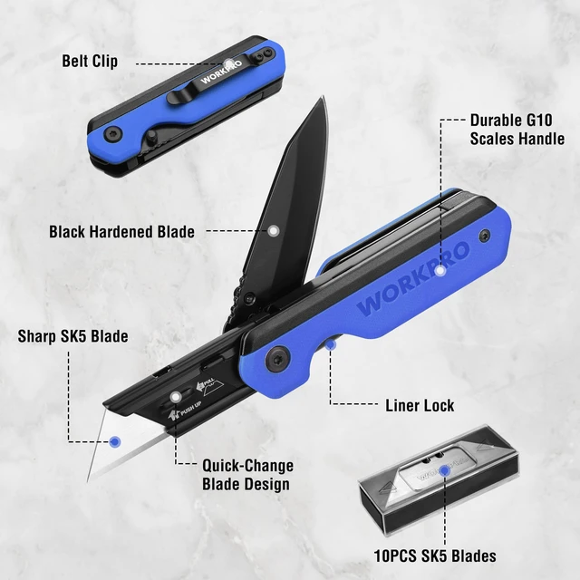 Alt view image 3 of 7 - 2-in-1 Folding Knife/Utility Knife, Wood Handle, Blue G10 Handle Quick-Change Box Cutter, Liner Lock, Belt Clip, 10 SK5 Blades, Carton Cutting, Camping, Hiking, Outdoor, DIY Projects