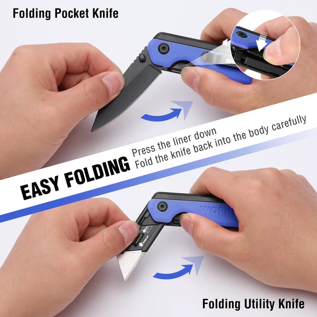 Alt view image 4 of 7 - 2-in-1 Folding Knife/Utility Knife, Wood Handle, Blue G10 Handle Quick-Change Box Cutter, Liner Lock, Belt Clip, 10 SK5 Blades, Carton Cutting, Camping, Hiking, Outdoor, DIY Projects